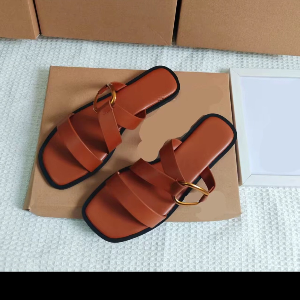 Zara Tan Flat Sandals with Gold Buckle